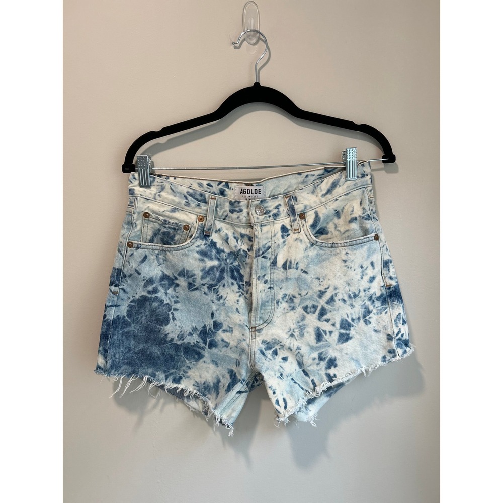 AGOLDE Parker High Rise Tie Dye Denim Shorts Blue White Festival Size 28